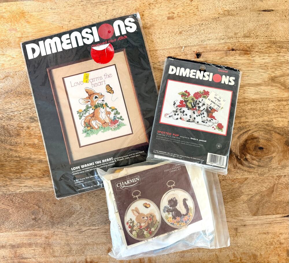 Vintage Lot of 3 Dimensions Crewel Cross Stitch Kit Lot Linda K Powell Woodland
